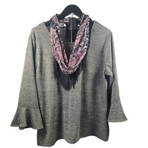 Notations Petite Womens XL Grey Knit Bell Sleeve Top with Paisley Fringe Scarf